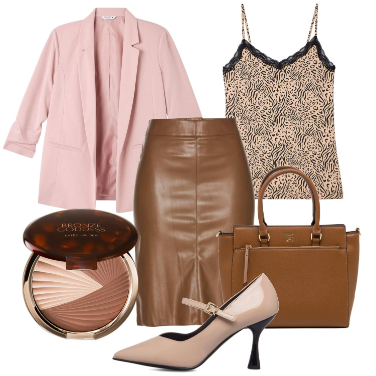 Outfit donna - Marrone e rosa chic ufficio. Stile Chic per Ufficio. Abbinamento con gonne longuette, terre, blazer, canottiere, décolleté, borse a mano.