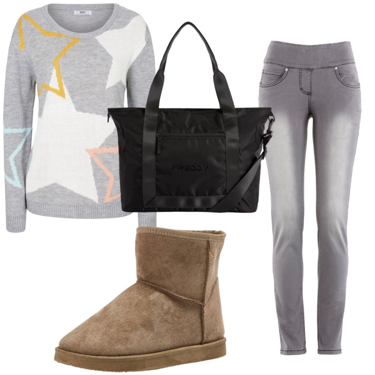 Outfit donna - Total look #1784125. Stile Basic per Tutti i giorni. Abbinamento con jeans slim fit, maglieria, stivaletti, borse tote.