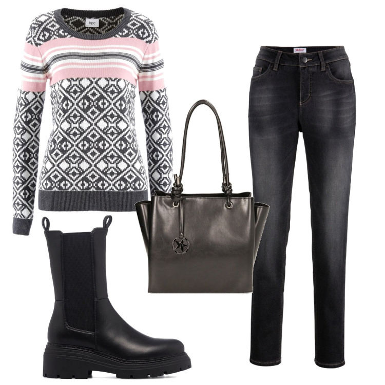 Outfit donna - Total look #1784127. Stile Basic per Tutti i giorni. Abbinamento con maglieria, jeans boyfriend, borse a spalla, stivaletti.