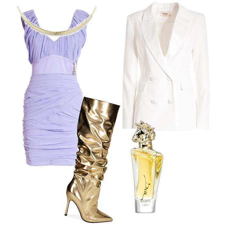 Outfit donna - Glamour - Dicembre. Stile Glamour per Ufficio. Abbinamento con profumi, vestiti a tubino, blazer, stivali, collane.