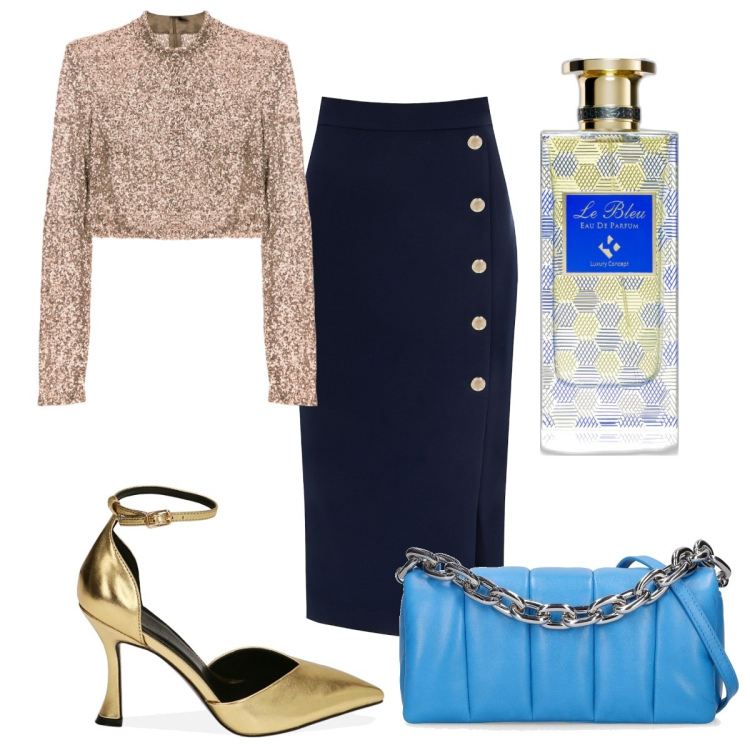 Outfit donna - Total look #1784152. Stile Glamour per Serata fuori. Abbinamento con profumi, gonne longuette, maglieria, décolleté, borse a spalla.