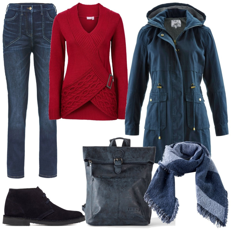 Outfit donna - Per tutti i giorni. Stile Basic per Tutti i giorni. Abbinamento con jeans dritti, maglieria, parka, zaini, sciarpe, stivaletti.