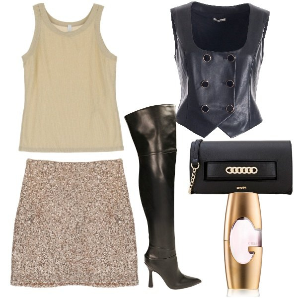 Outfit donna - Nero e oro. Stile Glamour per Serata fuori. Abbinamento con profumi, gilet, minigonne, pochette, canottiere, stivali sopra il ginocchio.