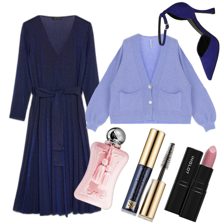 Outfit donna - Diverse tonalità di blu. Stile Basic per Serata fuori. Abbinamento con mascara, profumi, rossetti, cardigans, décolleté, vestiti.