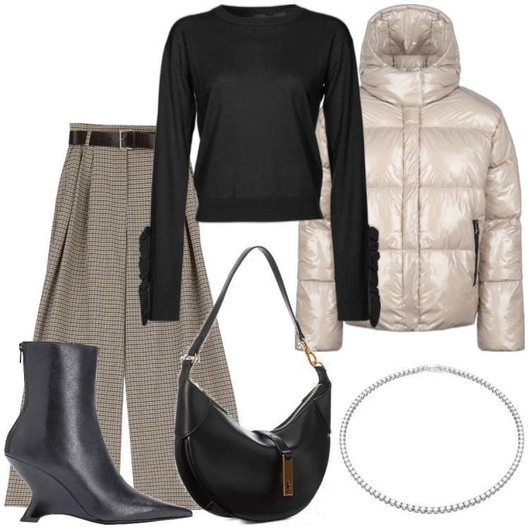Outfit donna - Tutti i dì. Stile Glamour per Ufficio. Abbinamento con pullovers, stivaletti, pantaloni a palazzo, borse a spalla, blazer, collane.