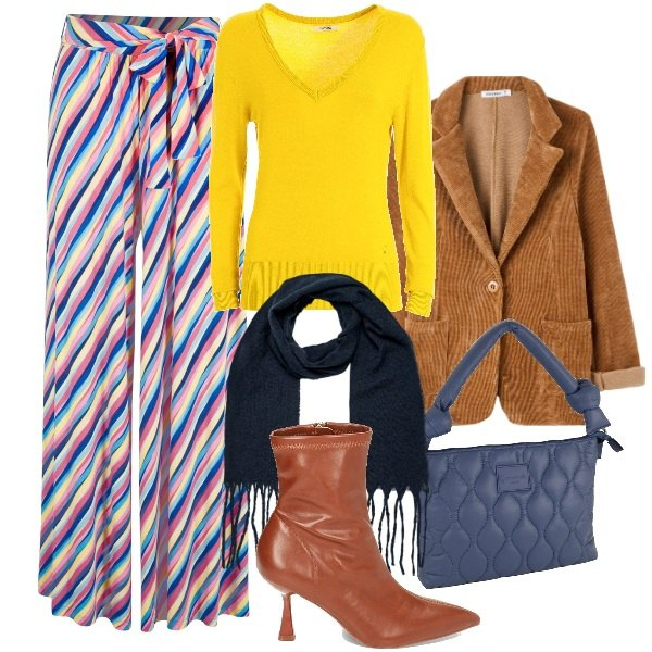 Outfit donna - Ufficio. Stile Bon Ton per Ufficio. Abbinamento con pantaloni a palazzo, cappotti, maglieria, stivaletti, borse a mano, sciarpe.