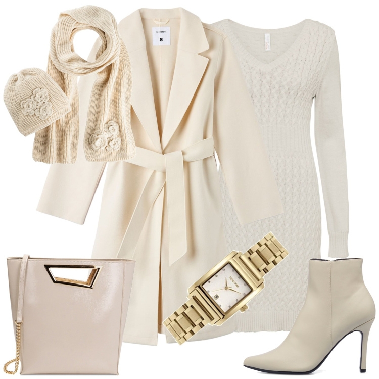 Outfit donna - Natale panna e oro. Stile Chic per Tutti i giorni. Abbinamento con vestiti, sciarpe, cappotti, borse a mano, stivaletti, orologi.