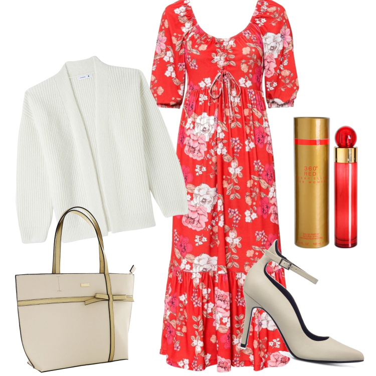 Outfit donna - L\'abito quattro stagioni. Stile Casual chic per Tutti i giorni. Abbinamento con vestiti, profumi, cardigans, décolleté, shopping bag.