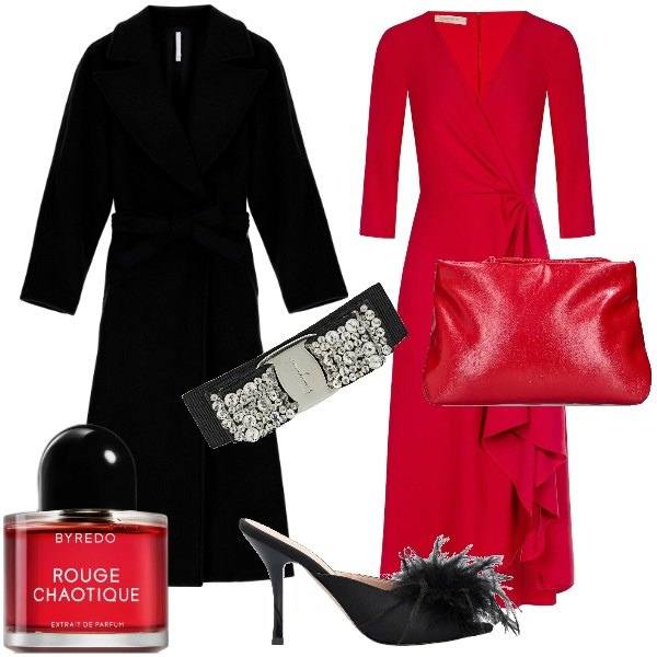 Outfit donna - IL party natalizio. Stile Glamour per Cerimonia. Abbinamento con profumi, sandali in pelle, vestiti midi/longuette, cappotti, pochette, accessori per capelli.