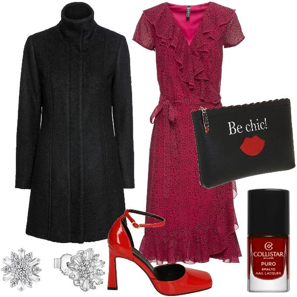 Outfit donna - Il party natalizio. Stile Chic per Cerimonia. Abbinamento con vestiti midi/longuette, cappotti, smalti, décolleté, pochette, orecchini.