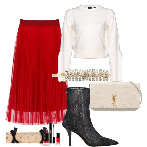 Outfit donna - Cena natalizia con amici. Stile Chic per Cerimonia. Abbinamento con rossetti, pullovers, stivaletti, gonne longuette, borse a spalla, accessori per capelli.
