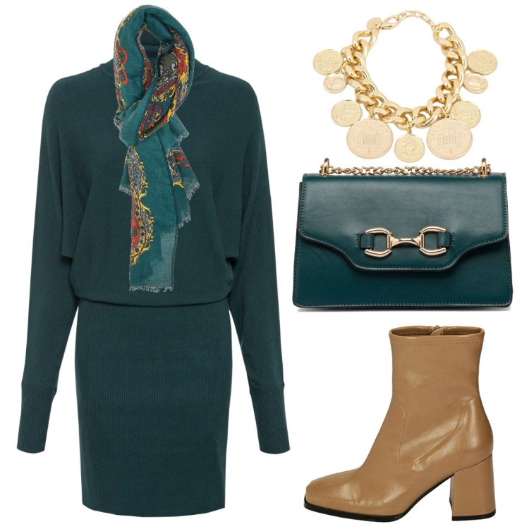 Outfit donna - Chic in verde. Stile Chic per Ufficio. Abbinamento con vestiti, stivaletti, braccialetti, borse a tracolla, sciarpe.