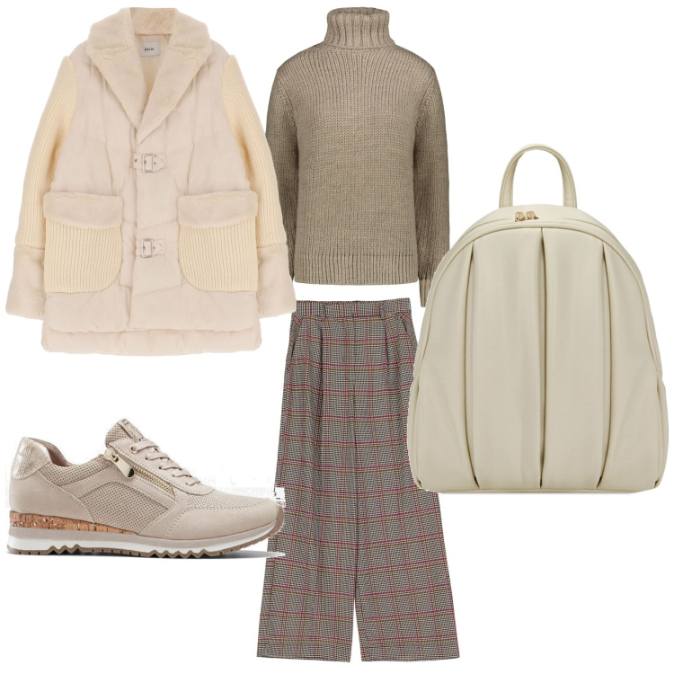 Outfit donna - Tinta unita. Stile Casual per Tutti i giorni. Abbinamento con sneakers, zaini, pantaloni a palazzo, blazer, maglieria.