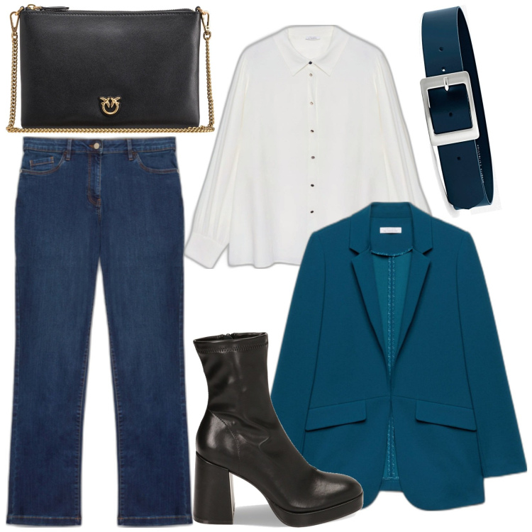 Outfit donna - Focus curvy. Stile Casual chic per Tutti i giorni. Abbinamento con cinture, borse a tracolla, stivaletti, blazer, camicie, jeans dritti.