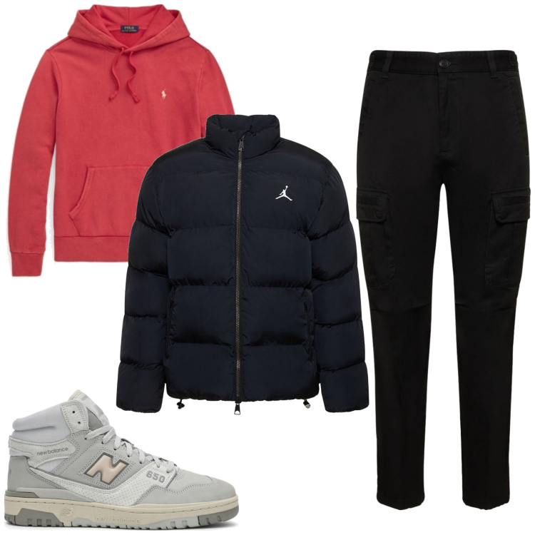 Outfit uomo - Sneakers alte per l\'inverno. Stile Urban per Tutti i giorni. Abbinamento con felpe con cappuccio, piumini, pantaloni cargo, sneakers alte.