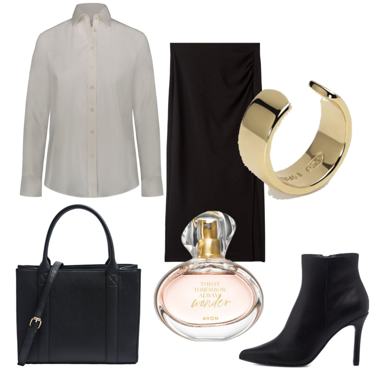 Outfit donna - Cena di lavoro. Stile Bon Ton per Ufficio. Abbinamento con profumi, gonne lunghe, shopping bag, orecchini, stivaletti, camicie.