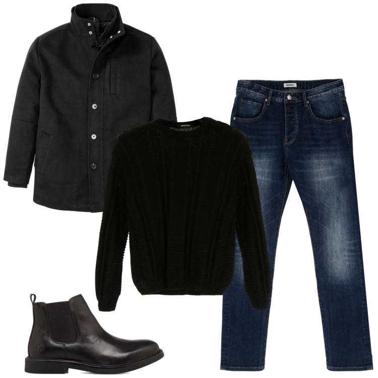 Outfit uomo - Total look #1784252. Stile Casual per Tutti i giorni. Abbinamento con giacche, pullovers, jeans dritti, stivali e stivaletti.