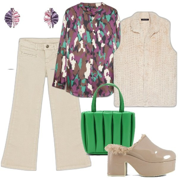 Outfit donna - Il sabot col pelo. Stile 70s per Serata fuori. Abbinamento con sabot, camicie, orecchini, borse tote, gilet, jeans a zampa.