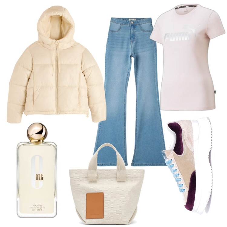 Outfit donna - Monday morning. Stile Basic per Tutti i giorni. look ideale per Tall. Abbinamento con profumi, jeggings, piumini, sneakers, t-shirt, borse a mano.
