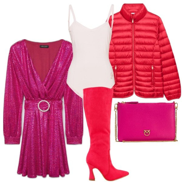 Outfit donna - Total look #1784277. Stile Glamour per Serata fuori. Abbinamento con borse a tracolla, stivali, body, piumini, vestiti corti.