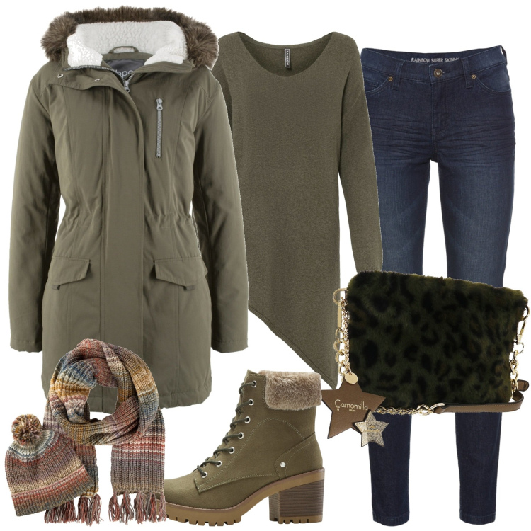 Outfit donna - In città. Stile Basic per Tutti i giorni. Abbinamento con maglieria, jeans skinny, parka, stivaletti, sciarpe, borse a tracolla.