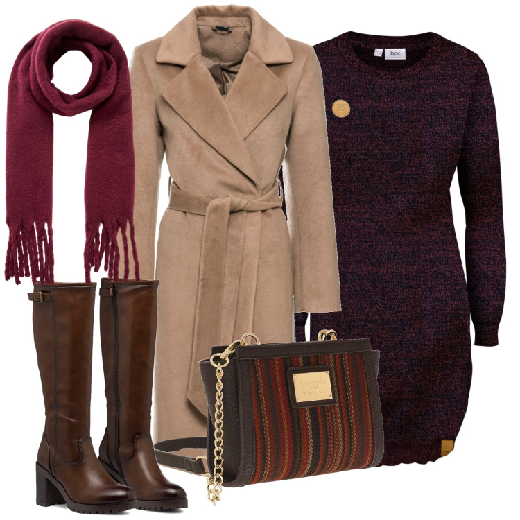 Outfit donna - City. Stile Trendy per Tutti i giorni. Abbinamento con vestiti, cappotti, sciarpe, stivali sopra il ginocchio, borse a tracolla.
