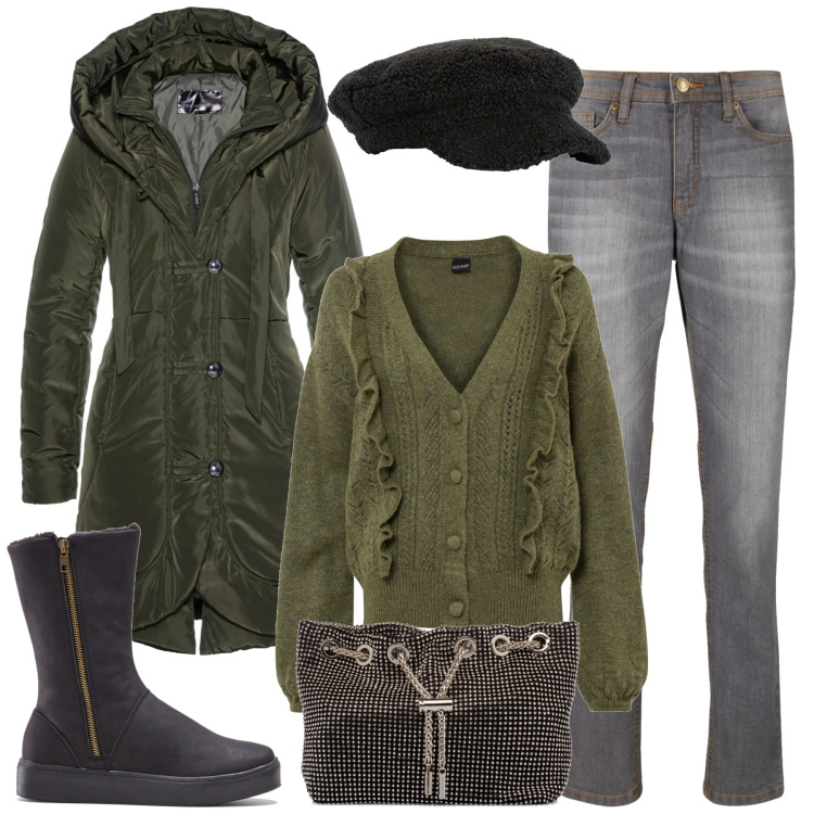 Outfit donna - In città. Stile Casual chic per Tutti i giorni. Abbinamento con blazer, stivali, jeans mom, cardigans, cappelli con visiera, clutch.