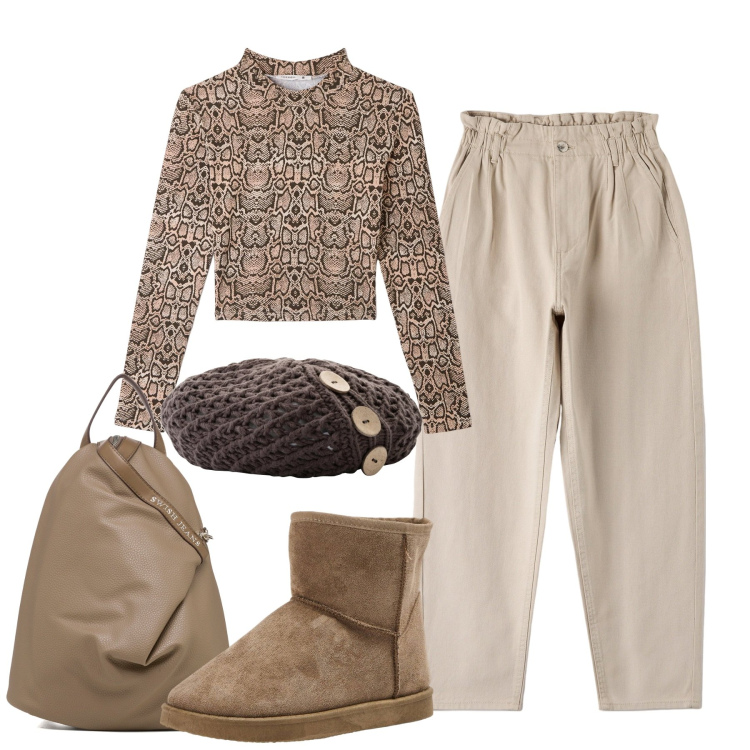 Outfit donna - Total look #1784293. Stile Casual per Tutti i giorni. Abbinamento con berretti, pantaloni, t-shirt, stivaletti, zaini.