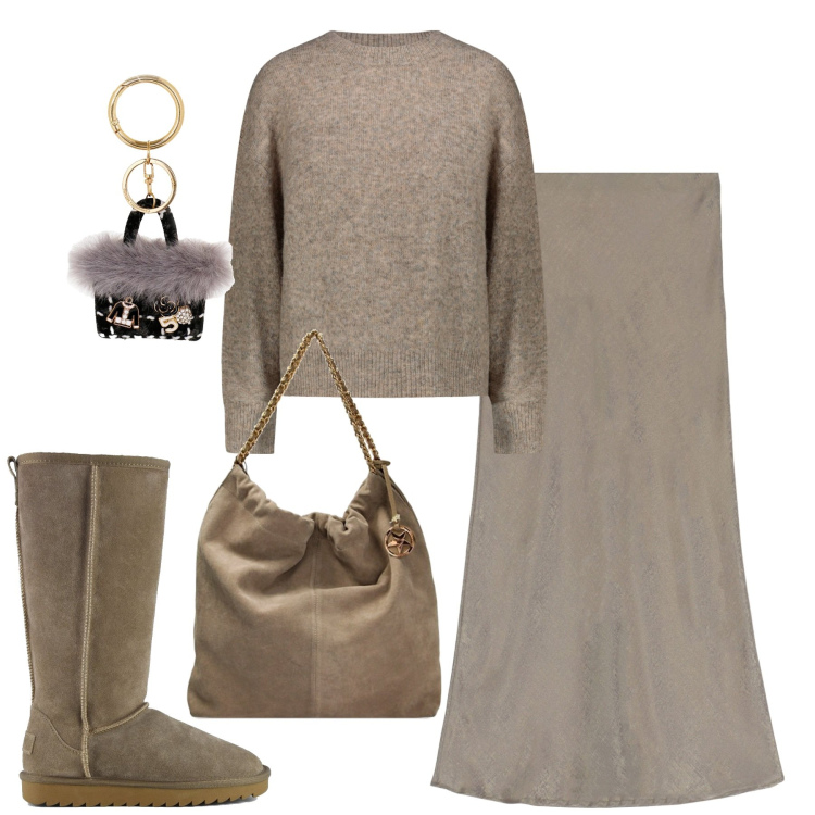 Outfit donna - City. Stile Minimal per Tutti i giorni. Abbinamento con gonne longuette, borse a spalla, maglieria, stivali sopra il ginocchio, portachiavi.