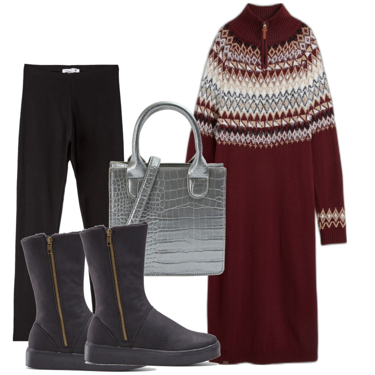 Outfit donna - Leggins e maxipull. Stile Urban per Tutti i giorni. Abbinamento con stivali, vestiti, shopping bag, leggings.
