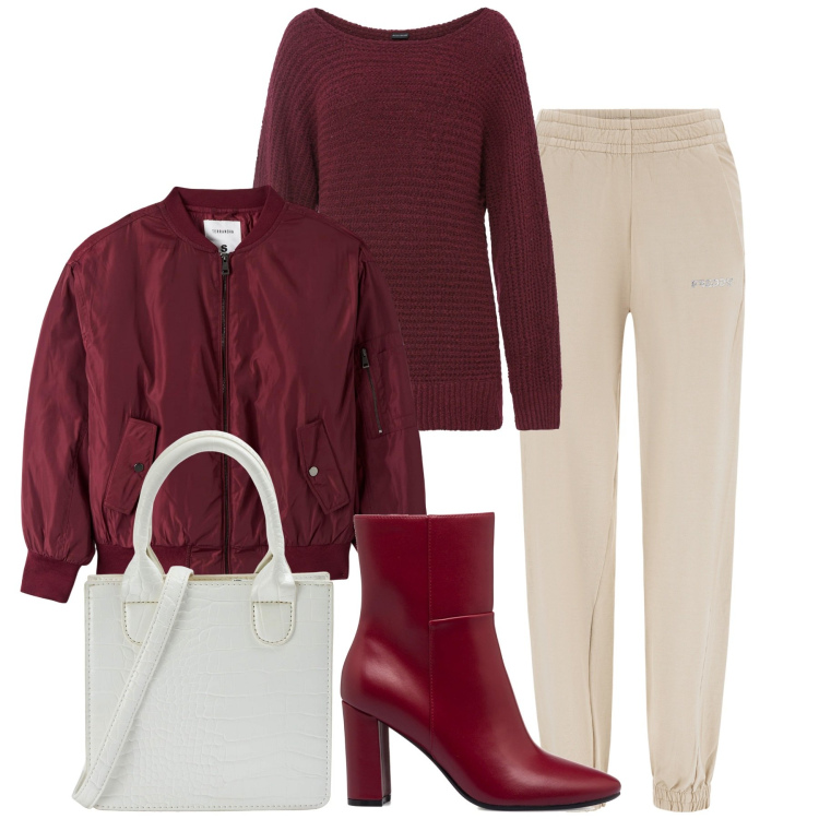 Outfit donna - Sporty. Stile Sporty chic per Tutti i giorni. Abbinamento con maglieria, shopping bag, bomber, pantaloni, stivaletti.