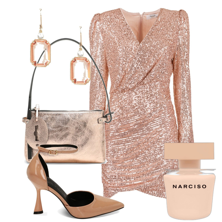 Outfit donna - Ciprèe. Stile Glamour per Serata fuori. Abbinamento con profumi, vestiti corti, décolleté, orecchini, borse a mano.