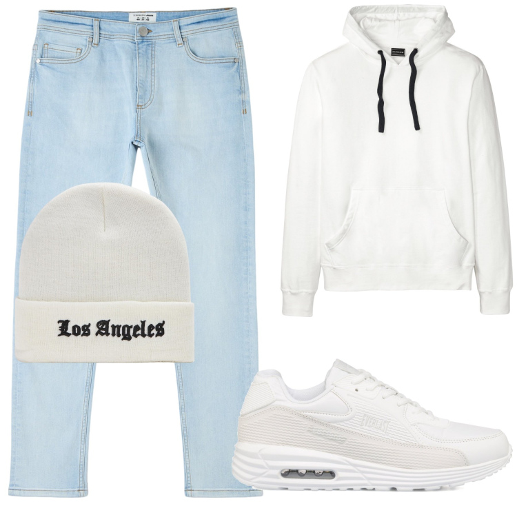 Outfit uomo - Jeans e felpa. Stile Casual per Tutti i giorni. Abbinamento con felpe con cappuccio, jeans skinny, cappelli con visiera, sneakers.