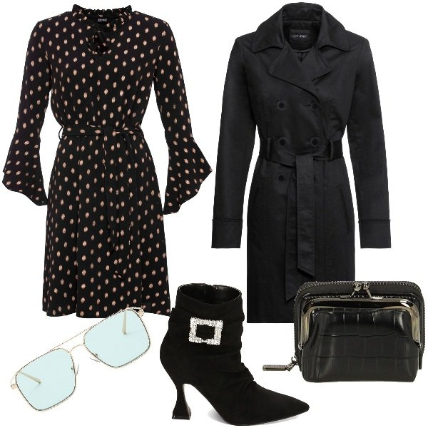 Outfit donna - Le maniche a campana. Stile Bon Ton per Ufficio. Abbinamento con trench, vestiti, portamonete, stivaletti, occhiali da sole.
