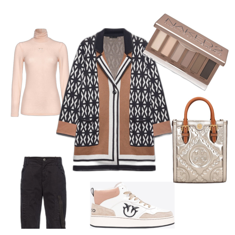 Outfit donna - Caldo e comodo. Stile Casual chic per Tutti i giorni. Abbinamento con ombretti, sneakers alte, maglieria, pantaloni cargo, cardigans, borse a mano.