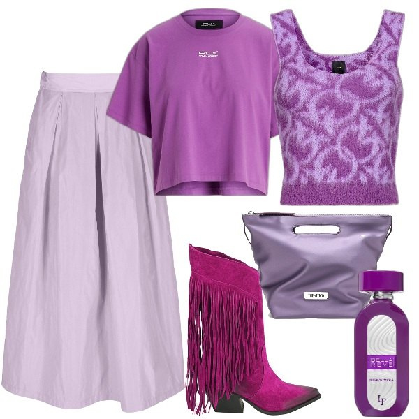 Outfit donna - Total look #1784346. Stile Glamour per Serata fuori. Abbinamento con profumi, top, stivali, t-shirt, gonne, borse tote.