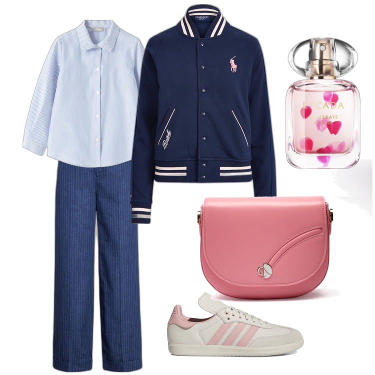Outfit donna - College. Stile Casual per Tutti i giorni. Abbinamento con profumi, cappotti, pantaloni, sneakers alte, camicie, borse a tracolla.