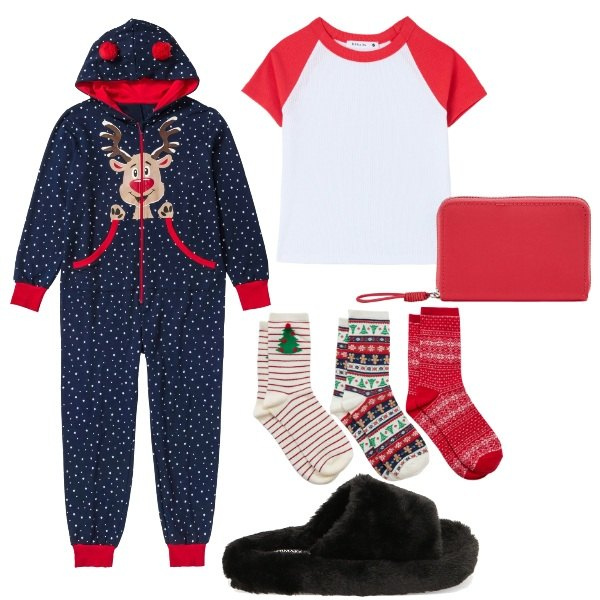 Outfit donna - Idee regali. Stile Basic per Tutti i giorni. Abbinamento con tute, portafogli, calzini, t-shirt, ciabatte.