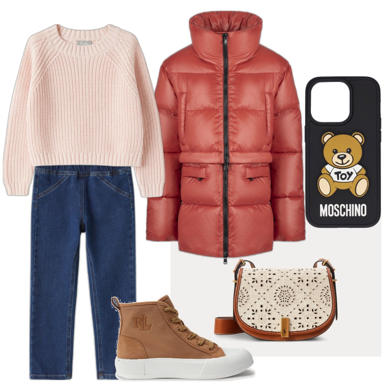 Outfit donna - Montagna. Stile Basic per Tutti i giorni. Abbinamento con sneakers, borse a spalla, piumini, cover telefono, maglieria, jeans.