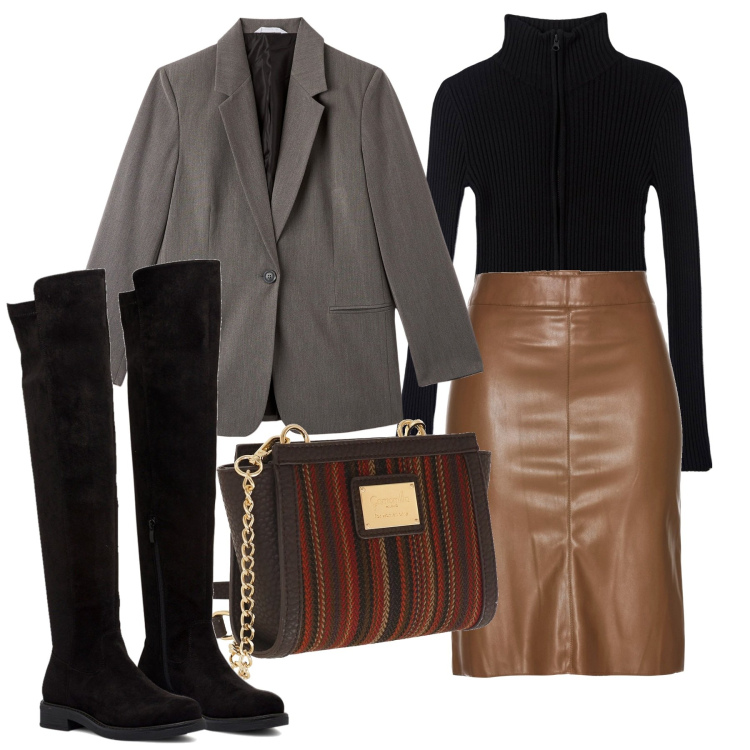 Outfit donna - Tabacco e fango. Stile Chic per Serata fuori. Abbinamento con gonne longuette, maglieria, blazer, stivali sopra il ginocchio, borse a tracolla.