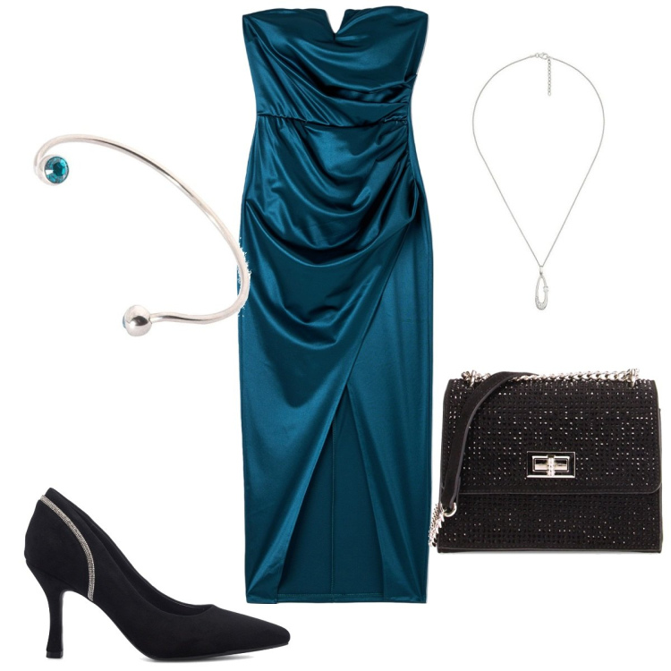 Outfit donna - Serata speciale. Stile Chic per Serata fuori. Abbinamento con vestiti lunghi, borse a tracolla, décolleté, braccialetti, ciondoli.