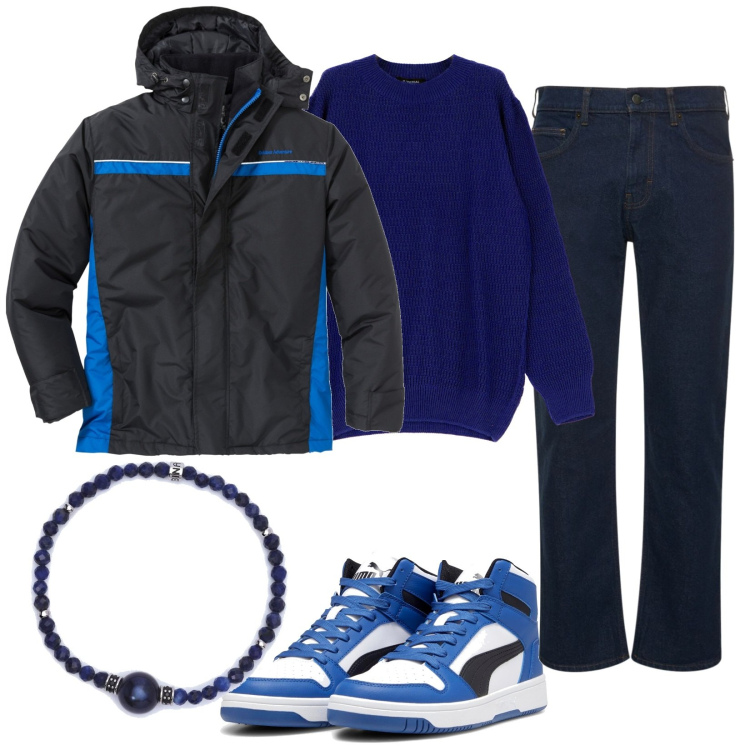 Outfit uomo - Il pull blu elettrico. Stile Trendy per Tutti i giorni. Abbinamento con giacche, braccialetti, pullovers, sneakers alte, jeans dritti.