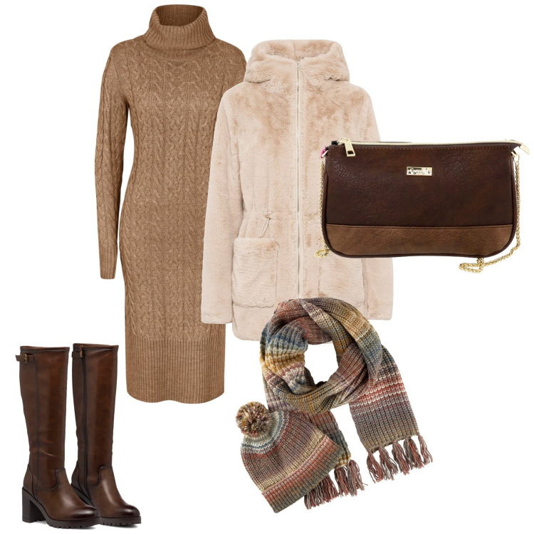 Outfit donna - Sfumature di marrone. Stile Casual per Tutti i giorni. Abbinamento con ecopellicce, sciarpe, vestiti midi/longuette, stivali sopra il ginocchio, borse a mano.