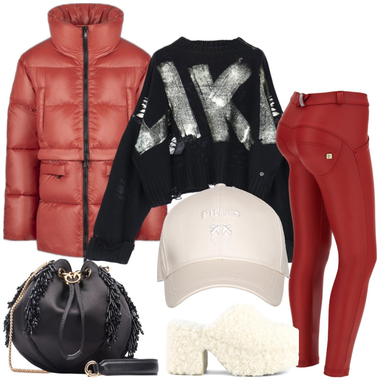 Outfit donna - Total look #1784409. Stile Sporty chic per Tutti i giorni. Abbinamento con borse a cartella, cappelli con visiera, maglieria, pantaloni skinny, piumini, sabot.