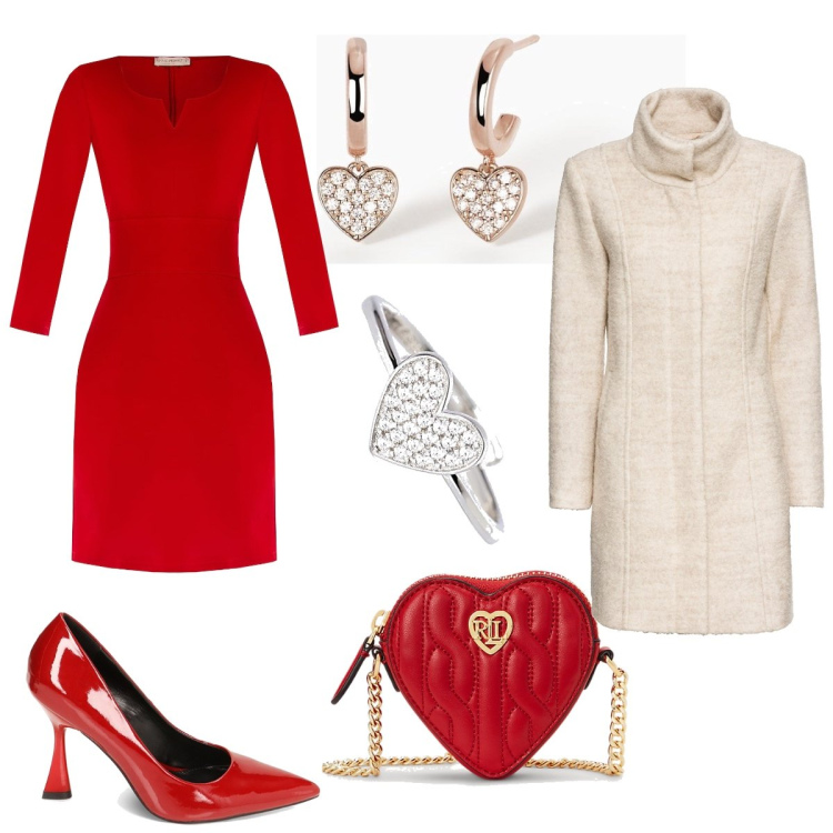 Outfit donna - Cuore rosso. Stile Chic per Serata fuori. Abbinamento con cappotti, orecchini, anelli, vestiti a tubino, décolleté, pochette.