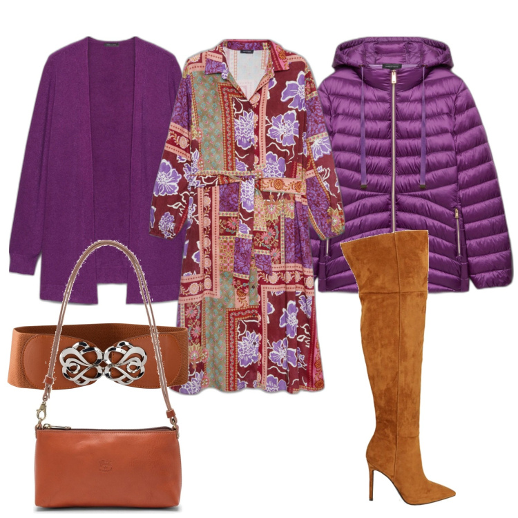 Outfit donna - Un Natale un po\' viola. Stile Casual chic per Tutti i giorni. Abbinamento con cinture, stivali, vestiti lunghi, piumini, cardigans, borse a spalla.