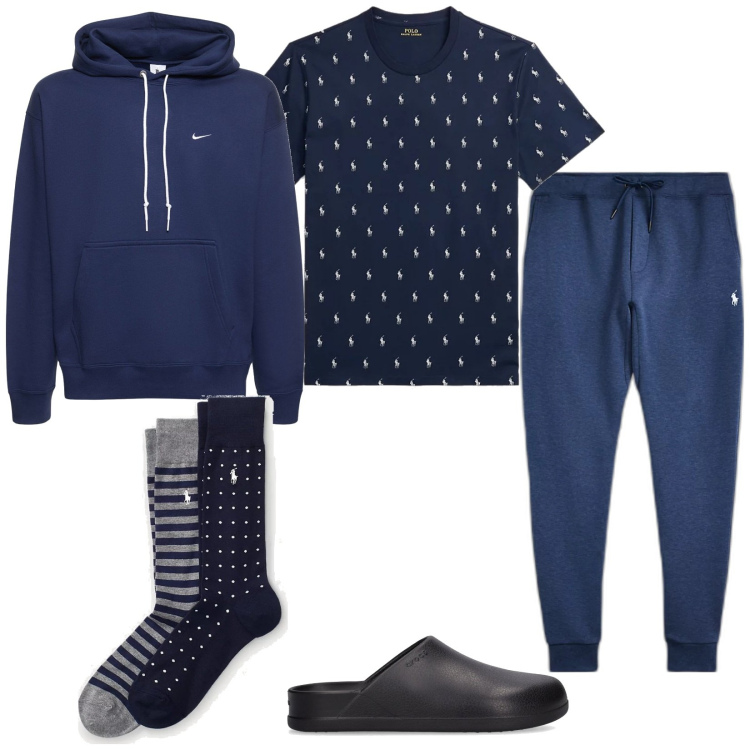 Outfit uomo - Comodità in blu. Stile Casual per Tutti i giorni. Abbinamento con calzini, pantaloni, abbigliamento da notte, felpe con cappuccio, pantofole.