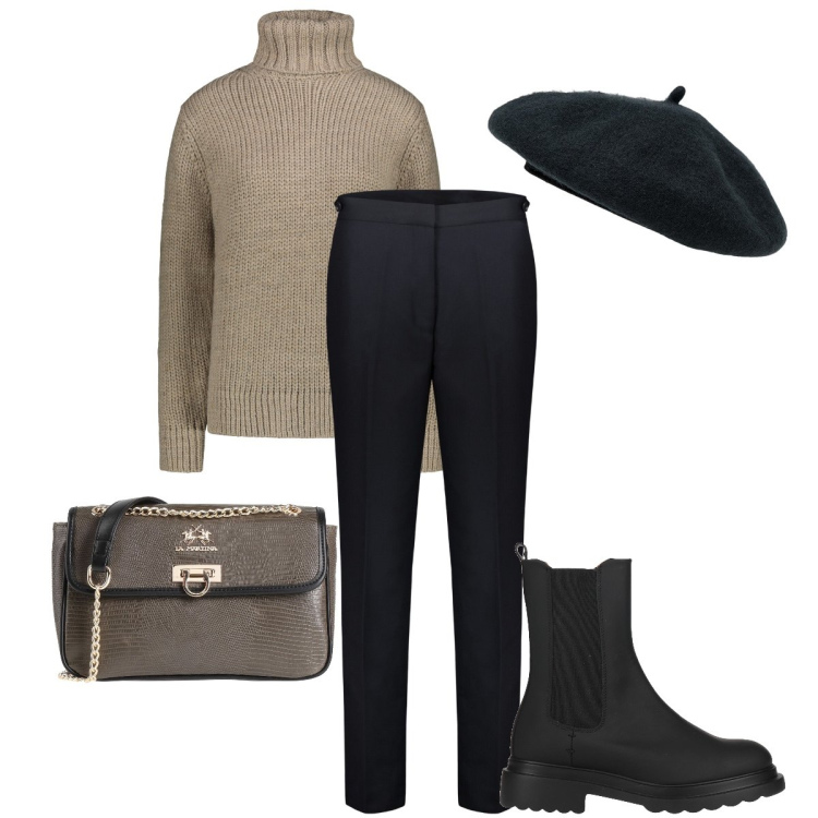 Outfit donna - Il pullover a dolcevita. Stile Mannish per Ufficio. Abbinamento con stivaletti chelsea, borse a tracolla, pantaloni, maglieria, cappelli e berretti.