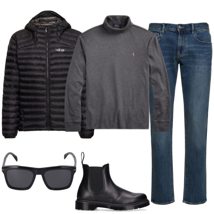 Outfit uomo - Il dolcevita by Polo. Stile Casual per Tutti i giorni. Abbinamento con polo, occhiali da sole, jeans slim fit, stivali e stivaletti, piumini.