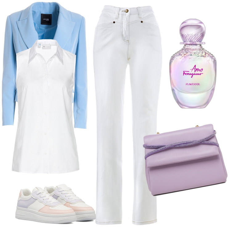 Outfit donna - Semplicità. Stile Casual per Ufficio. Abbinamento con jeans dritti, camicie, profumi, blazer, clutch, sneakers.